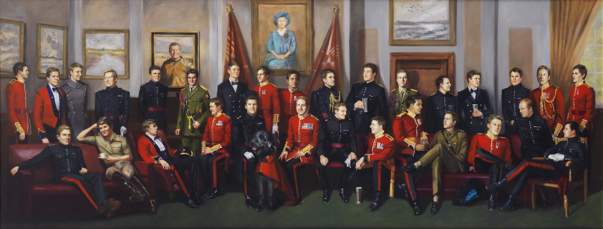 30 Officers of the Irish Guards, painted in the Officer's mess with the portrait of the Queen Mother looking down.