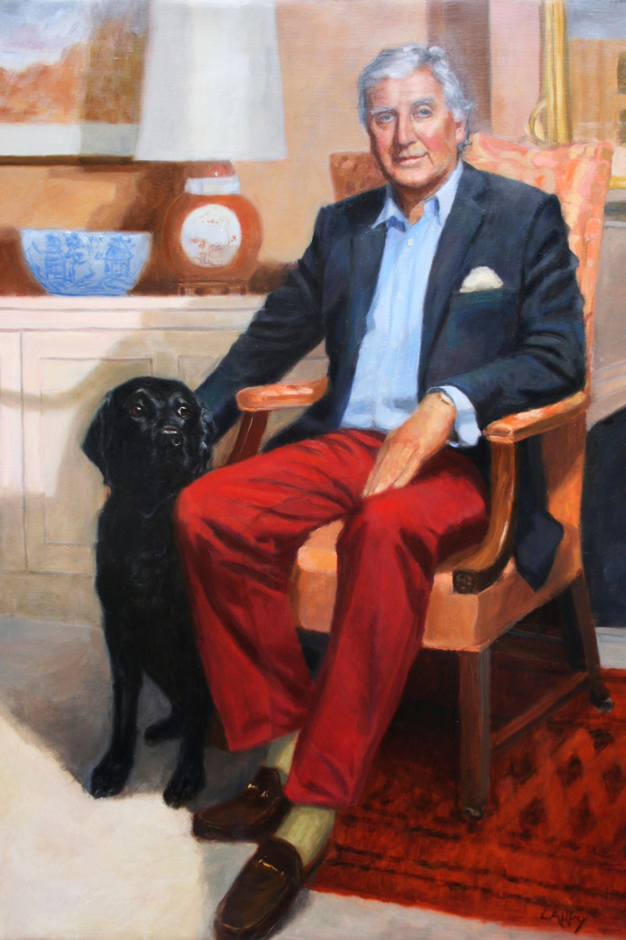 oil portrait painting of dog and owner